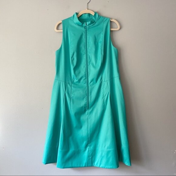 Akris Punto High Neck Zip Front Fit & Flare Dress in Teal size 12 - Picture 1 of 9